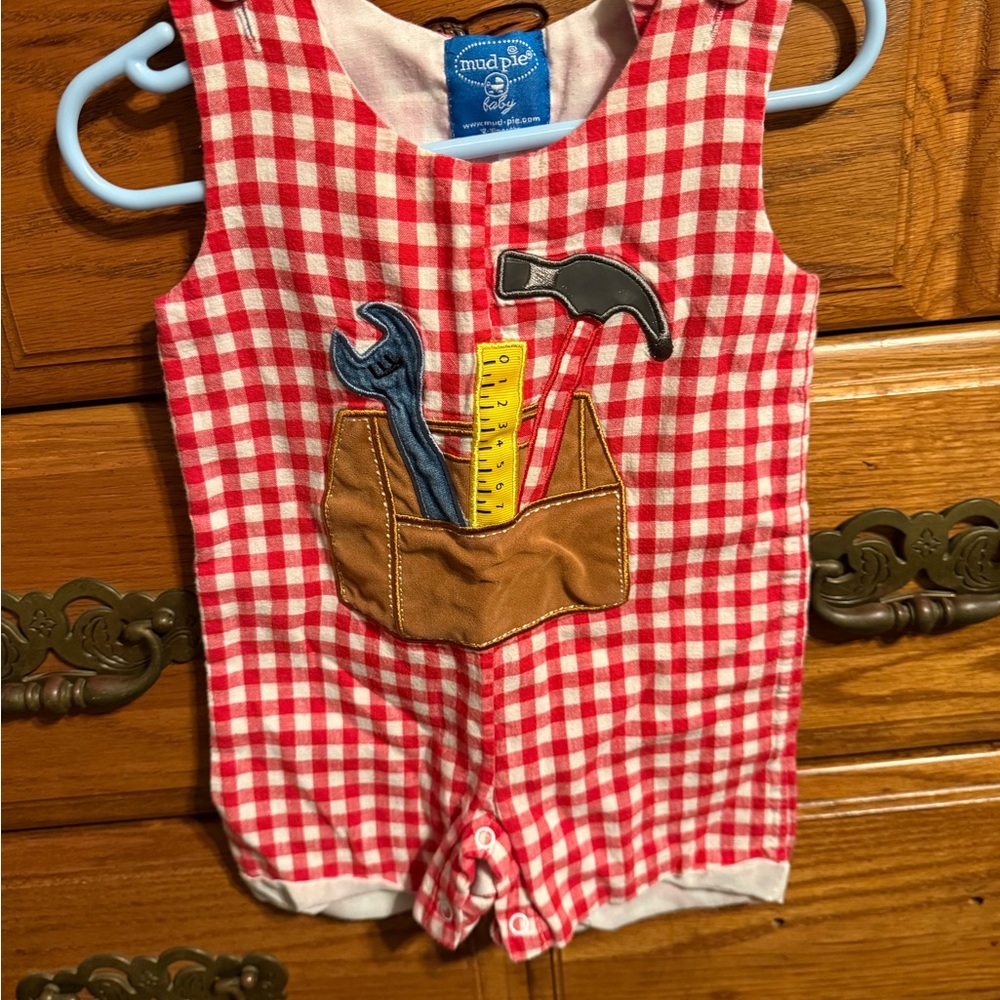 Red Gingham Baby Romper with Tool Appliqué